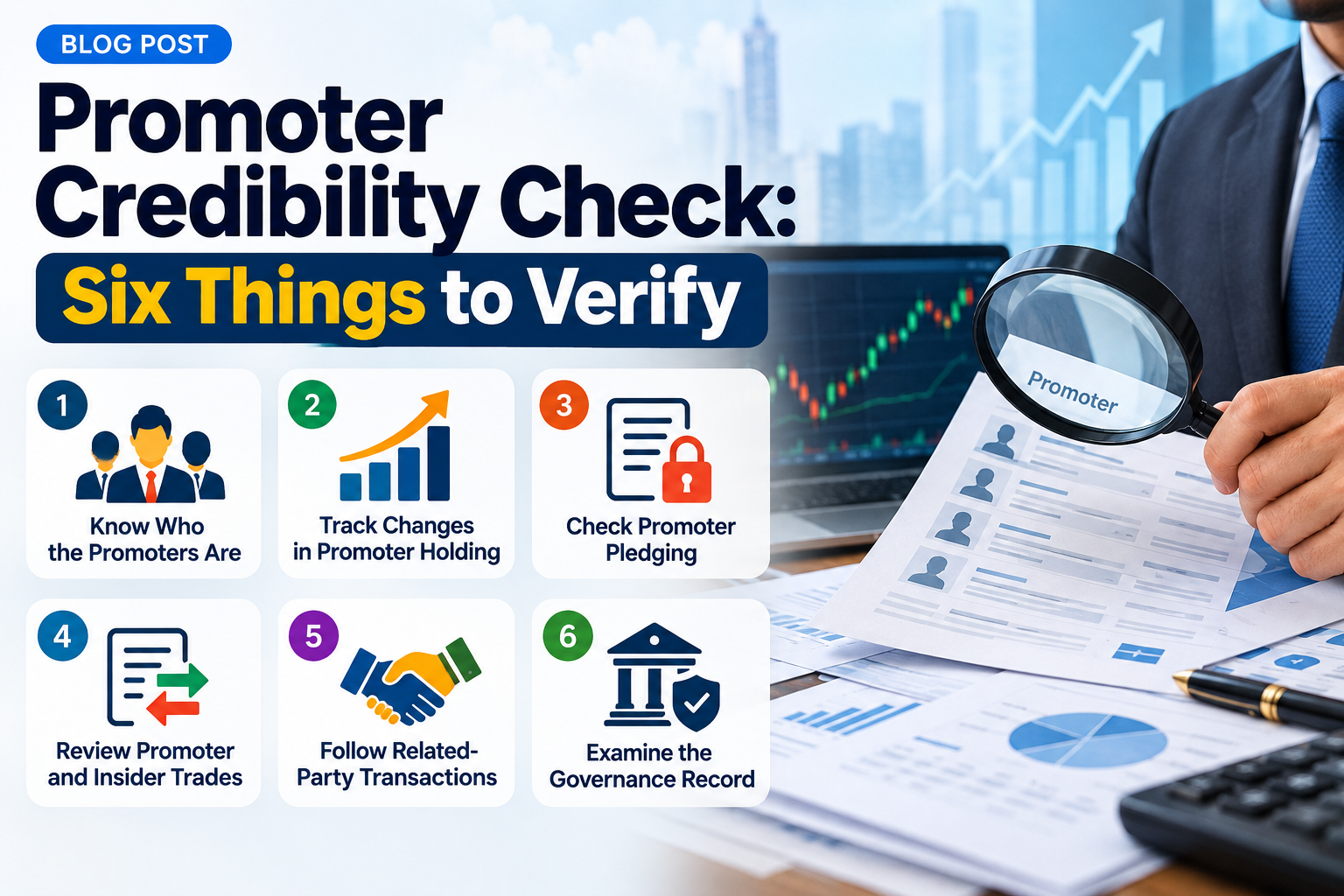Promoter credibility checklist showing six checks beside financial reports and a market chart